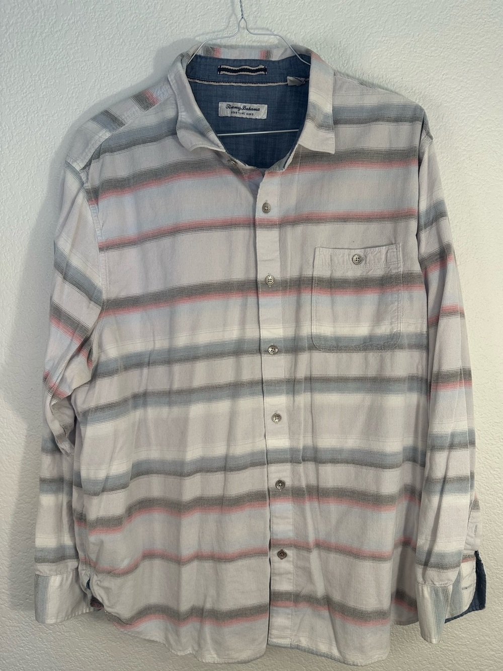 Tommy Bahama Coastal Cotton Striped Button Up Shirt Men’s XXL Gray Pink Blue